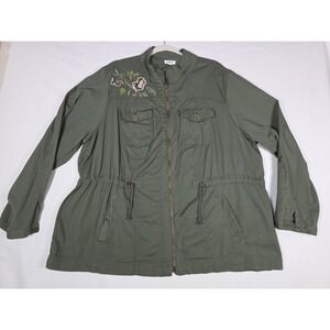 WestPort Women Jacket 3X Military Green Floral Embroidered Utility Safari Cotton